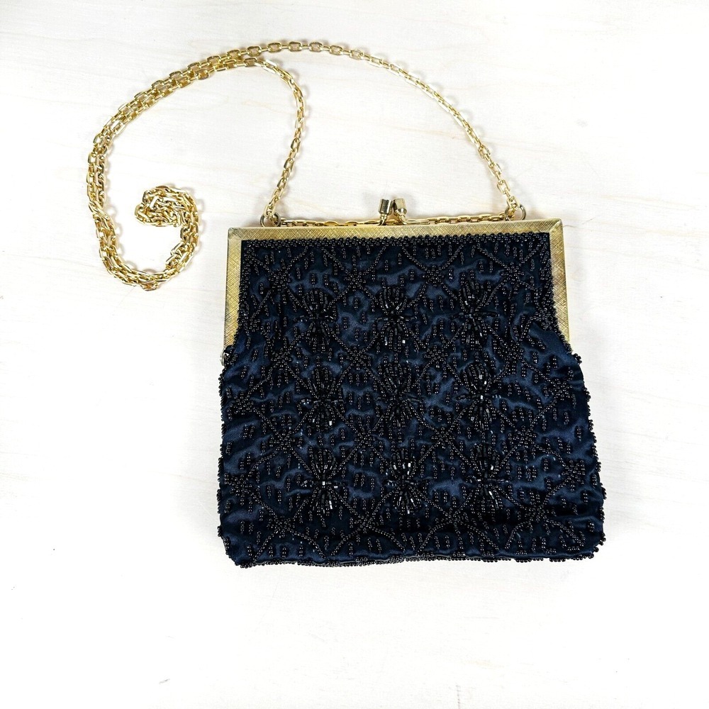 Vintage 1960s Black Beaded Evening Bag Shoulder Elegant Formal